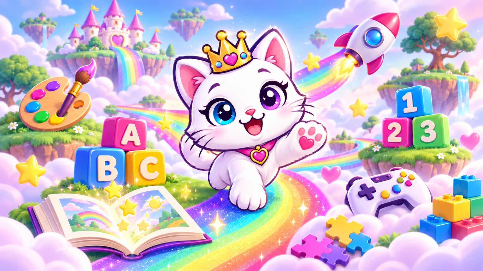 Princess Phoenix Sparkles riding a rainbow past ABC blocks, a storybook, a rocket and a pile of toys